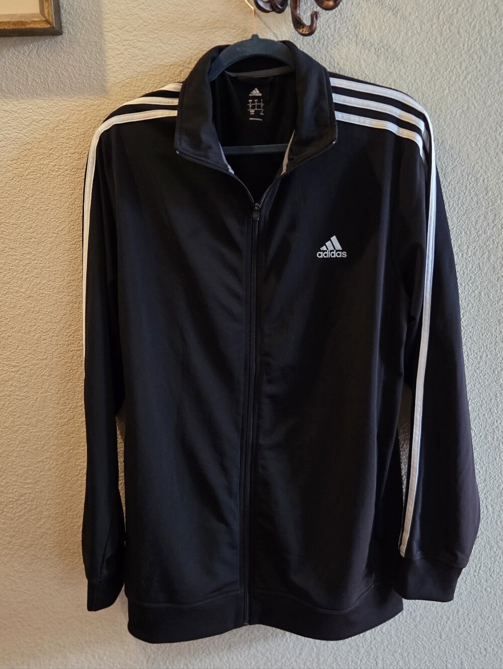 adidas Black Track Jacket with White Stripes, Mens Large